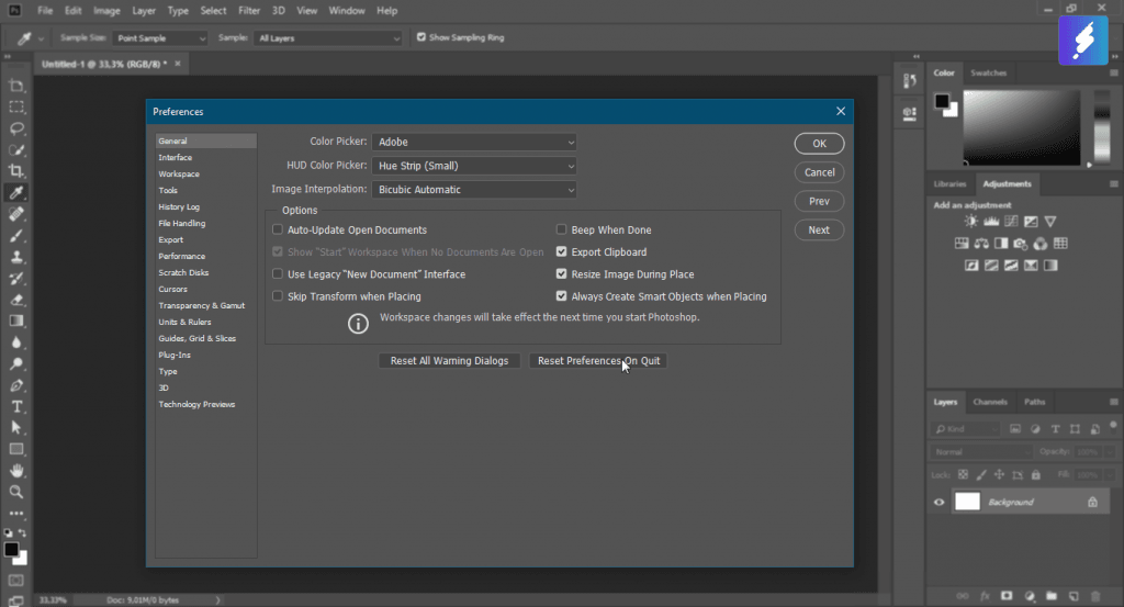 Cara mengembalikan Adobe Photoshop CC ke pengaturan awal